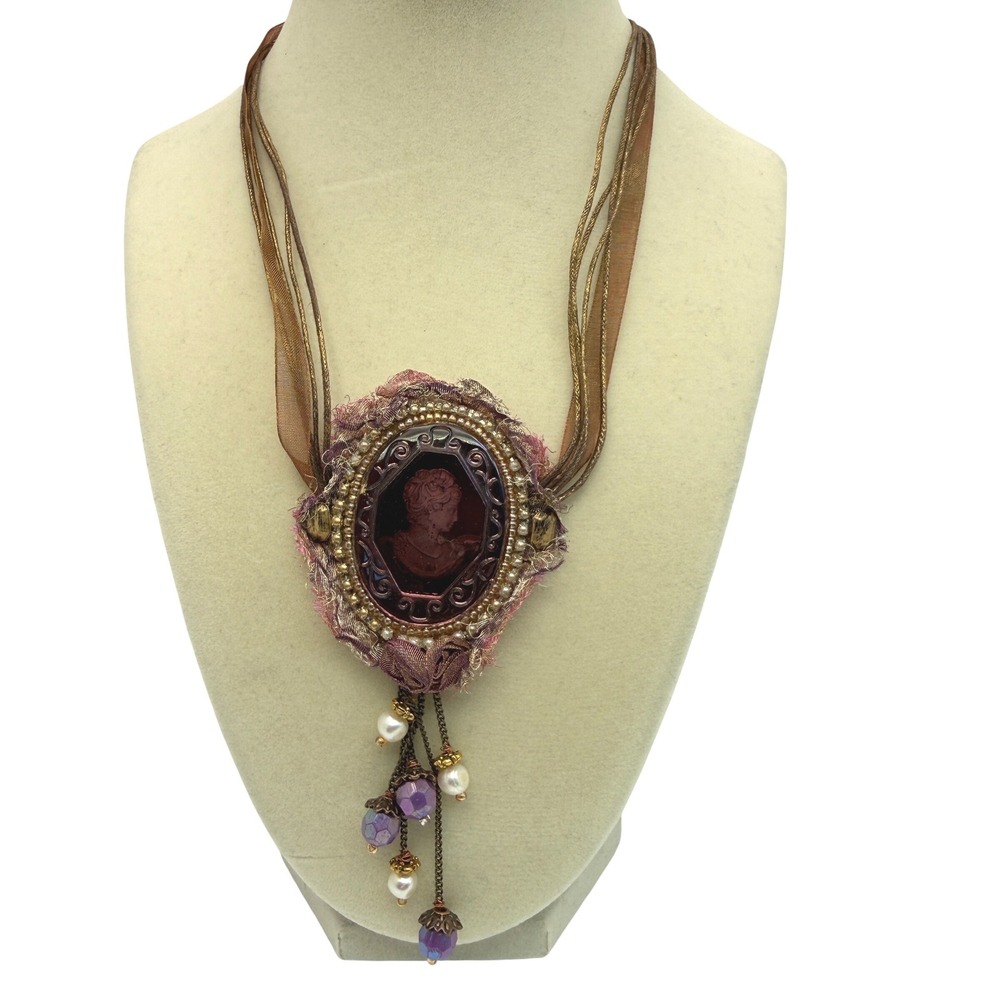 Vintage‎ Victorian Style Cameo Ribbon Necklace Purple Beaded Statement Pendant